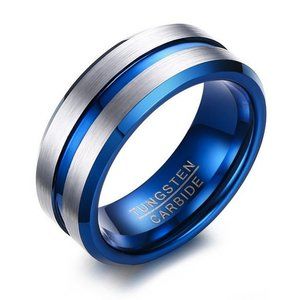 Men's Tungsten Wedding Band (8mm). Silver / Gray Ring with Blue Center Groove.